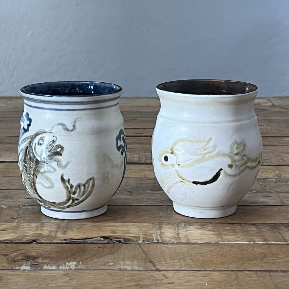 Japanese Okinawan Tsuboya-yaki Studio Pottery Cups Yunomi Fish & Rabbit Motif